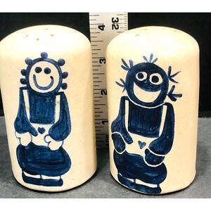 Blue Folk Art Character Ceramic Salt Pepper Shakers Raggedy‎ Ann Andy Country